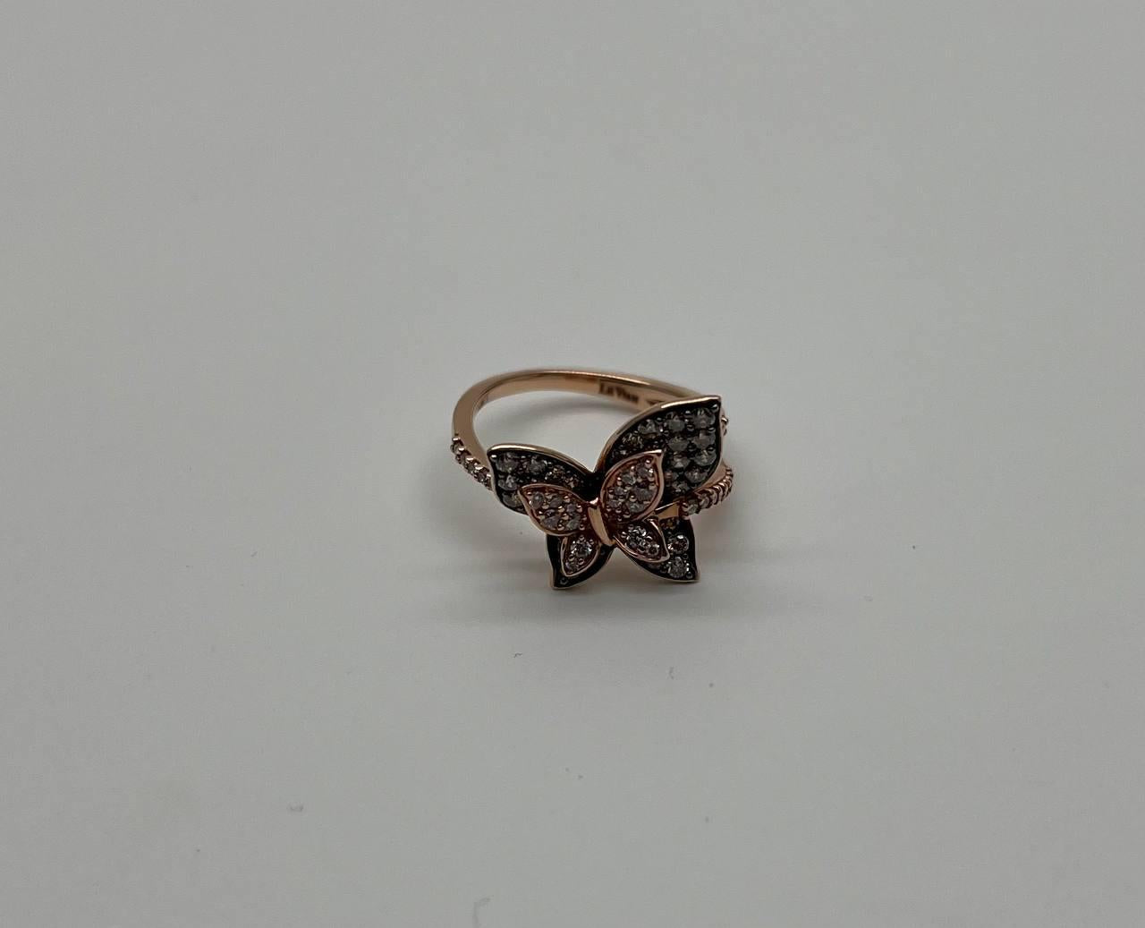 Butterfly White Champagne Diamond Pave Set Split Shank 14K Yellow Gold Ring