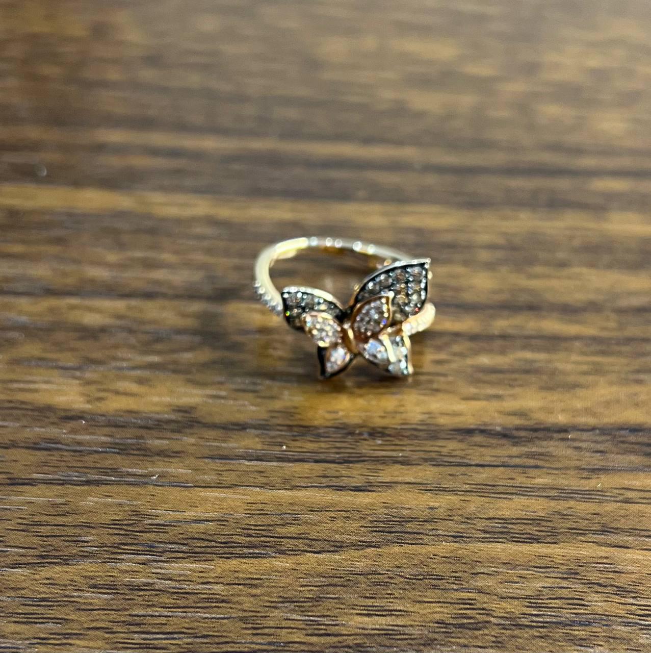 Butterfly White Champagne Diamond Pave Set Split Shank 14K Yellow Gold Ring