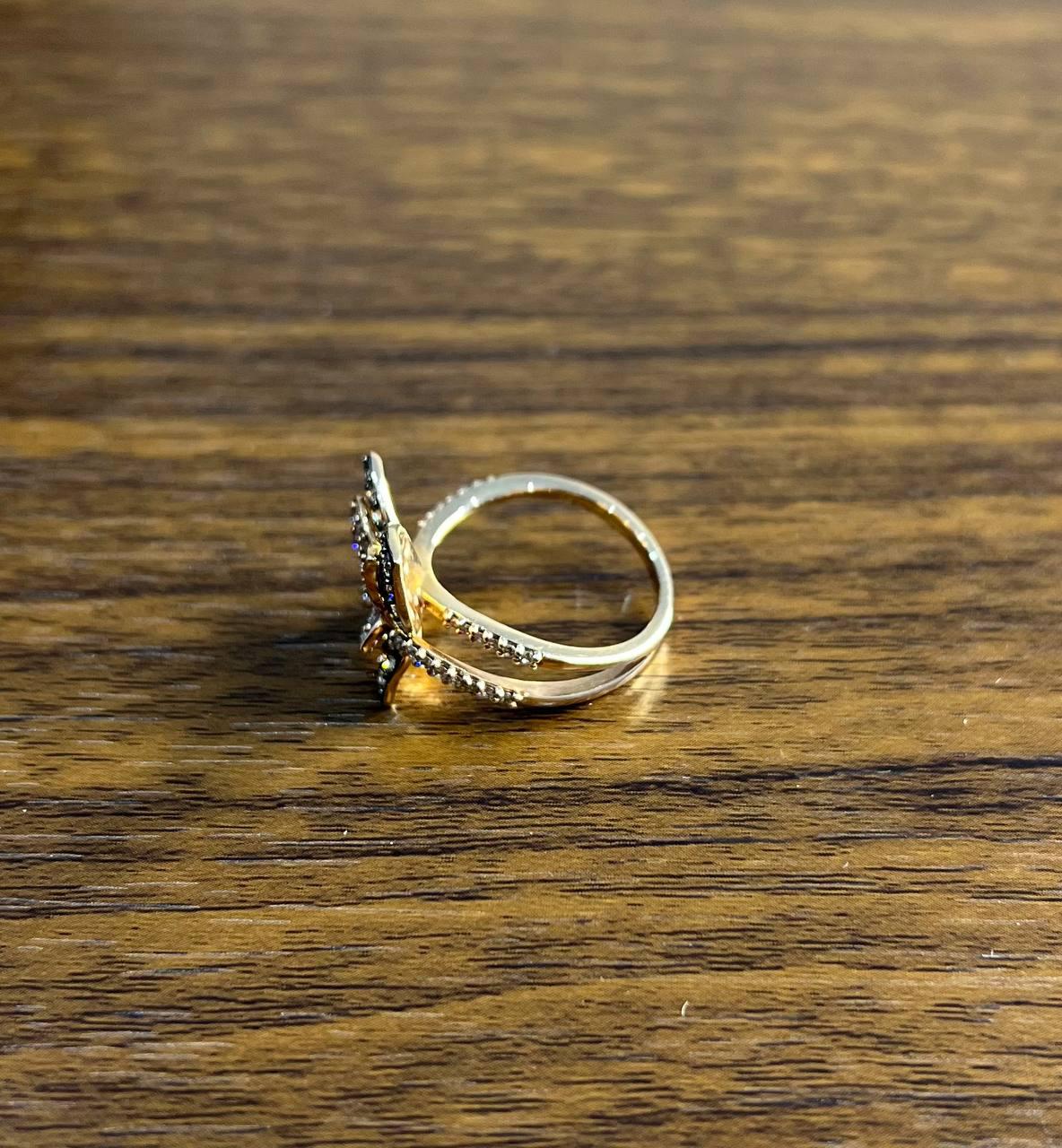 Butterfly White Champagne Diamond Pave Set Split Shank 14K Yellow Gold Ring