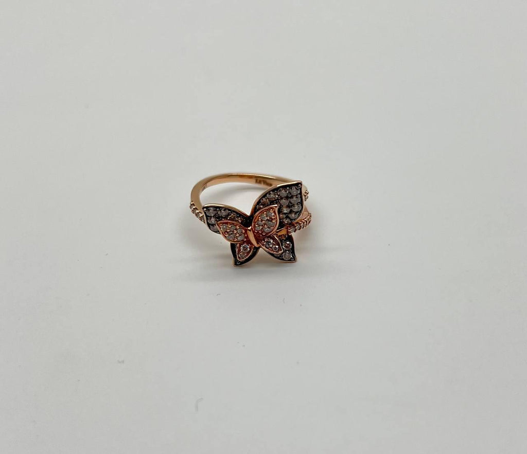 Butterfly White Champagne Diamond Pave Set Split Shank 14K Yellow Gold Ring