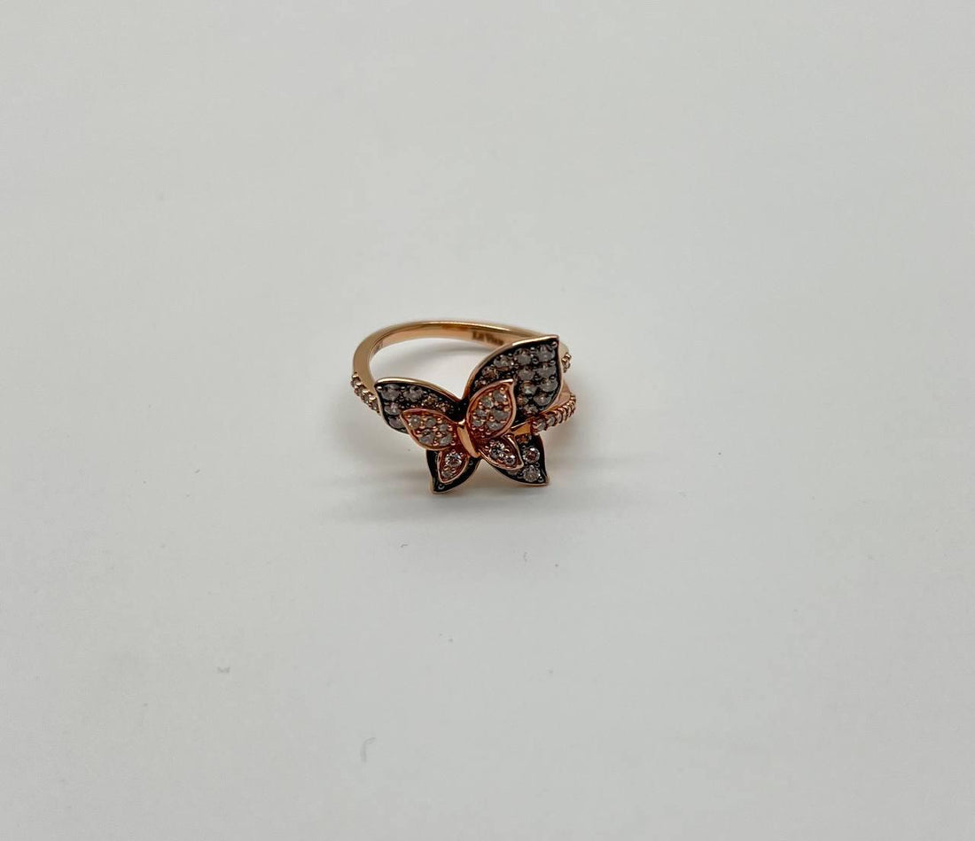 Butterfly White Champagne Diamond Pave Set Split Shank 14K Yellow Gold Ring