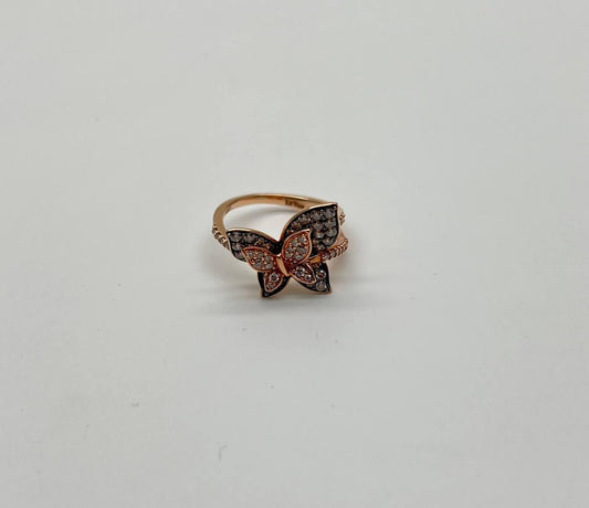 Butterfly White Champagne Diamond Pave Set Split Shank 14K Yellow Gold Ring