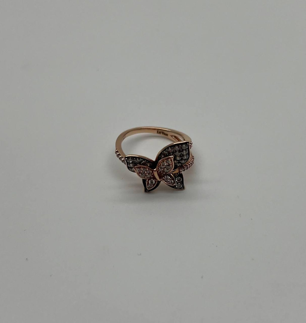 Butterfly White Champagne Diamond Pave Set Split Shank 14K Yellow Gold Ring