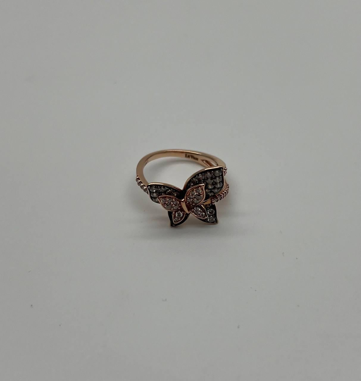Butterfly White Champagne Diamond Pave Set Split Shank 14K Yellow Gold Ring