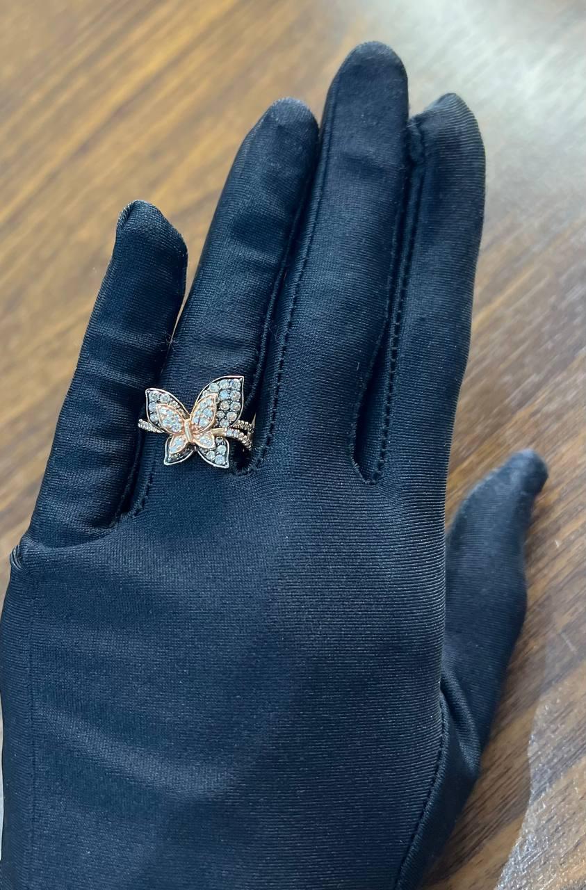 Butterfly White Champagne Diamond Pave Set Split Shank 14K Yellow Gold Ring