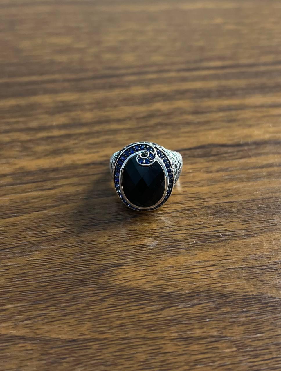 Black Onyx Blue Sapphire Halo Channel Set Swirl 14K White Gold Statement Ring