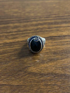 Қара оникс көк сапфир Halo арна жиынтығы Swirl 14K ақ алтыннан жасалған сақина