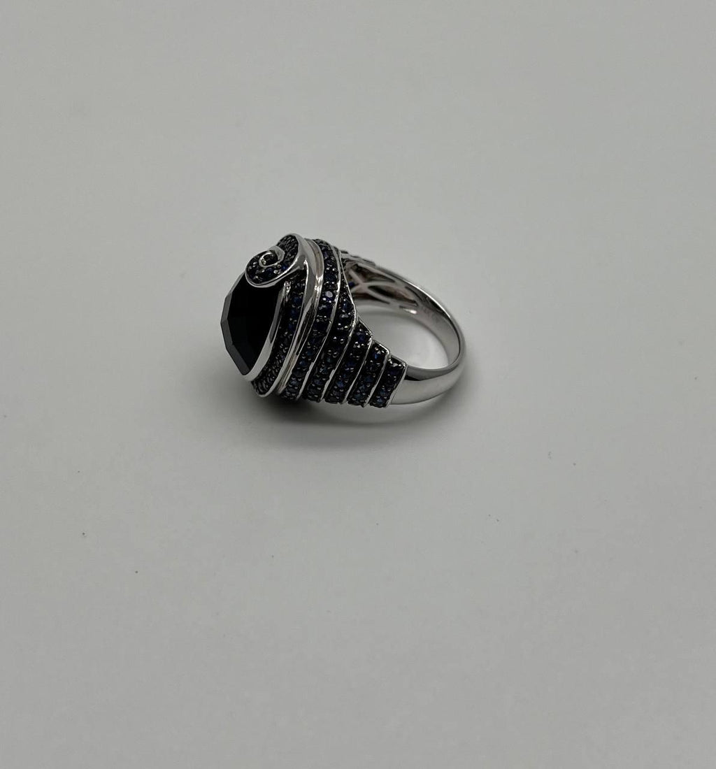 Қара оникс көк сапфир Halo арна жиынтығы Swirl 14K ақ алтыннан жасалған сақина