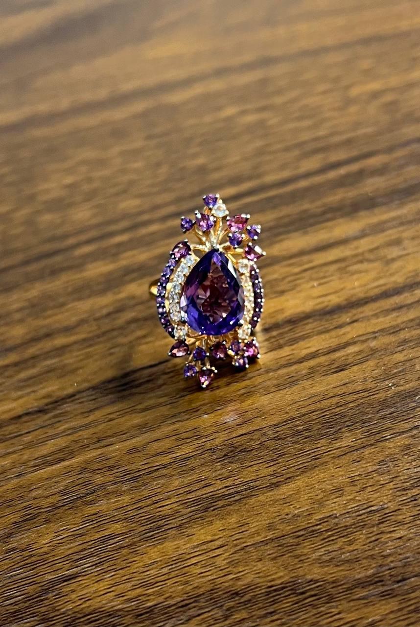 Purple Amethyst Rhodolite Pink Garnets Diamonds 14K Gold Statement Cocktail Ring