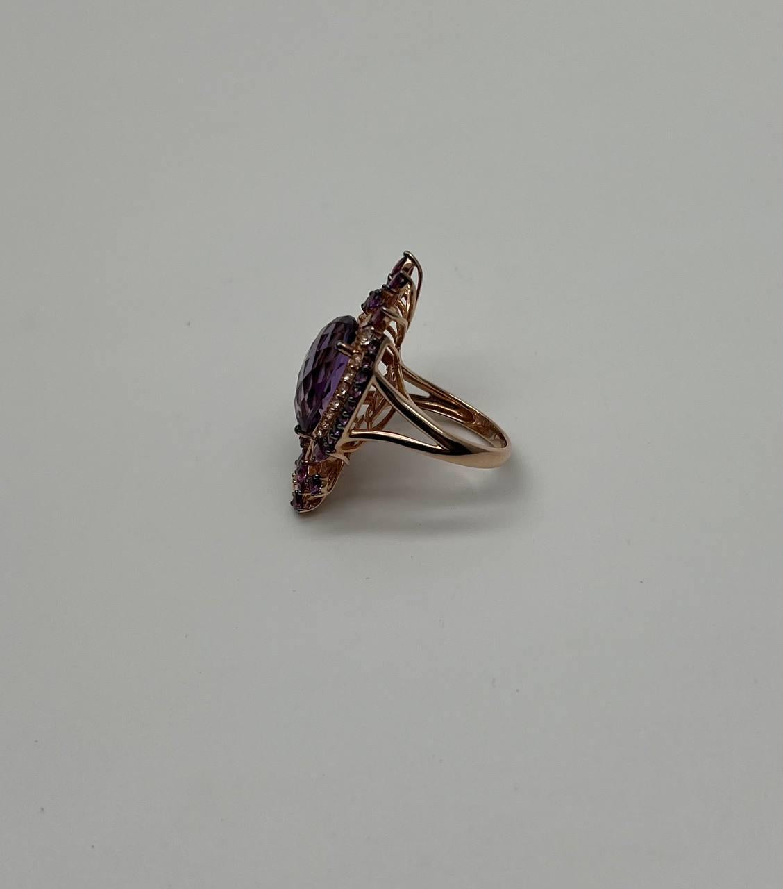 Purple Amethyst Rhodolite Pink Garnets Diamonds 14K Gold Statement Cocktail Ring