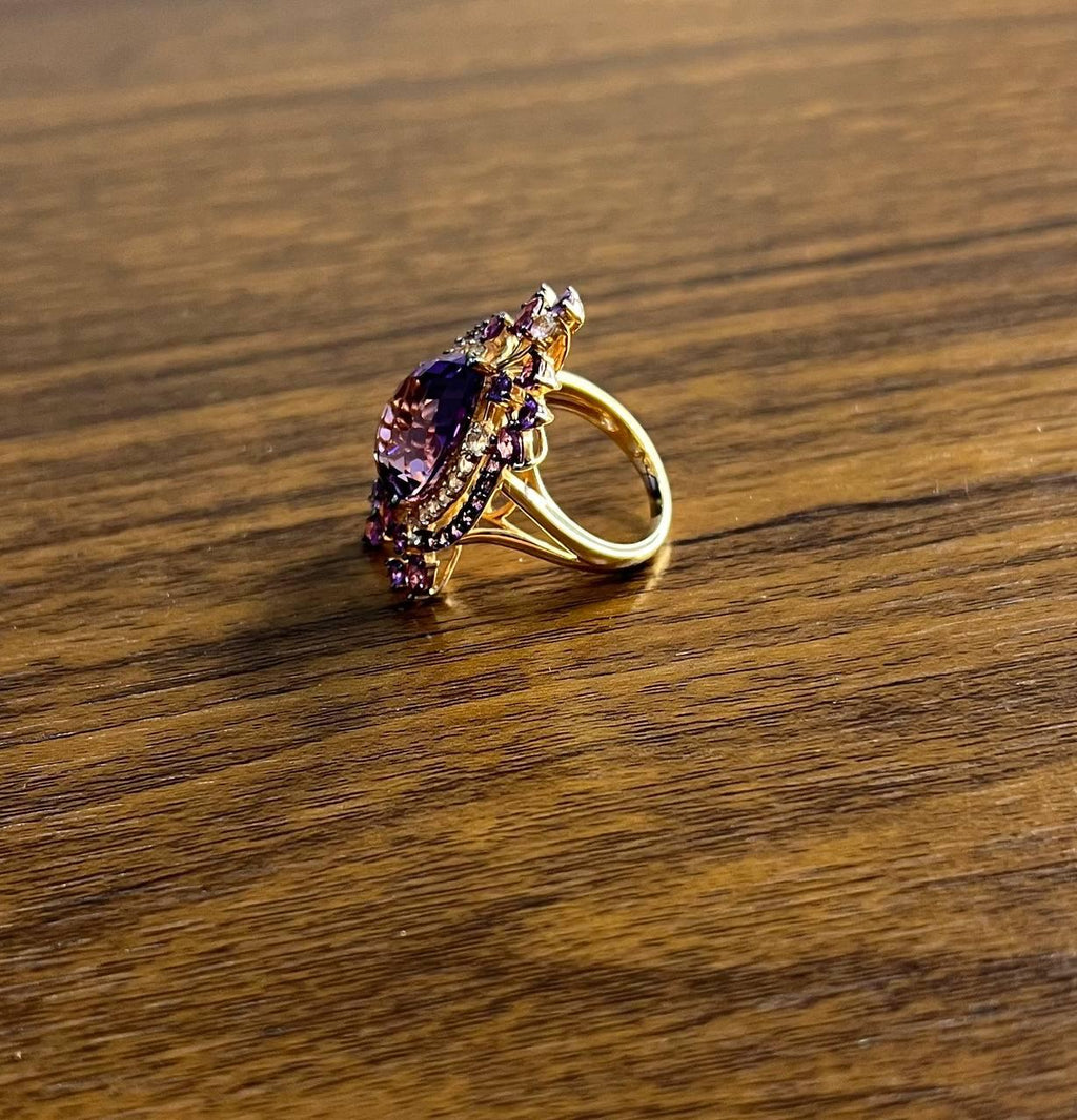 Purple Amethyst Rhodolite Pink Garnets Diamonds 14K Gold Statement Cocktail Ring