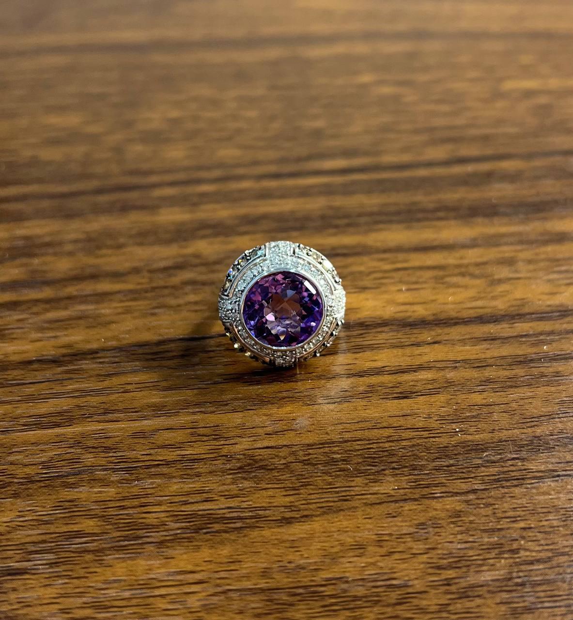 Round Cut Purple Violet Amethyst White Diamond Accent Halo 14K White Gold Ring