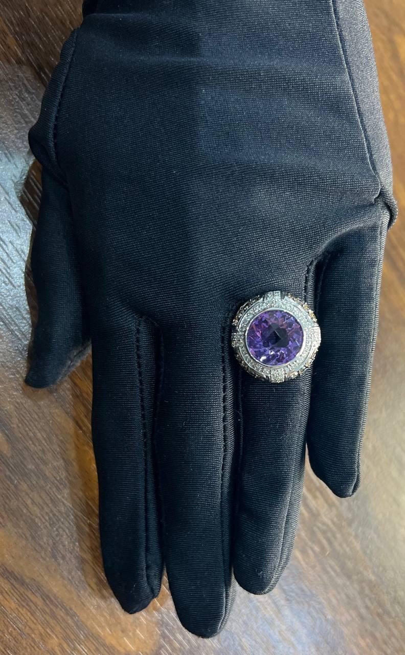 Round Cut Purple Violet Amethyst White Diamond Accent Halo 14K White Gold Ring