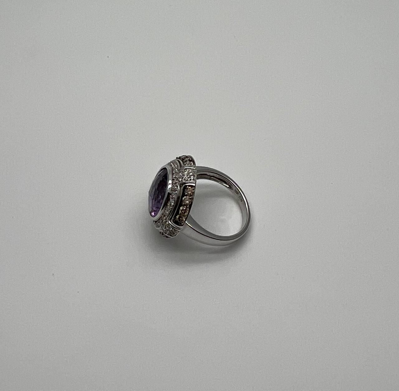 Round Cut Purple Violet Amethyst White Diamond Accent Halo 14K White Gold Ring