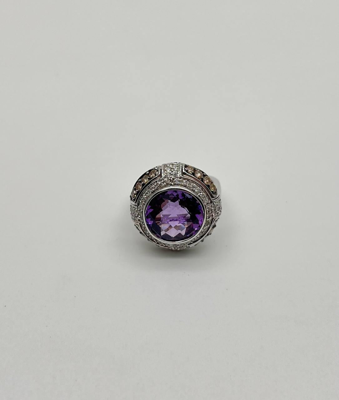 Round Cut Purple Violet Amethyst White Diamond Accent Halo 14K White Gold Ring