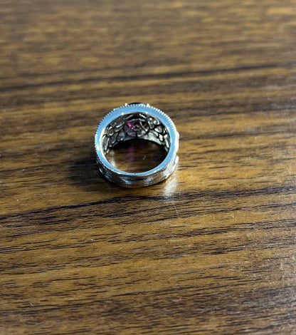 Dark Red Garnet 14k White Gold Statement Sculptural Grooves Waves Fleur Ring