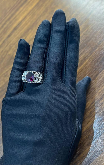 Dark Red Garnet 14k White Gold Statement Sculptural Grooves Waves Fleur Ring