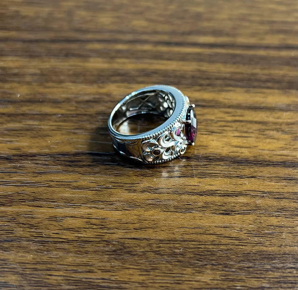 Dark Red Garnet 14k White Gold Statement Sculptural Grooves Waves Fleur Ring