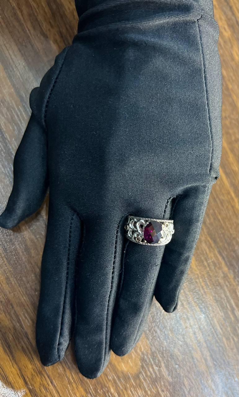 Dark Red Garnet 14k White Gold Statement Sculptural Grooves Waves Fleur Ring