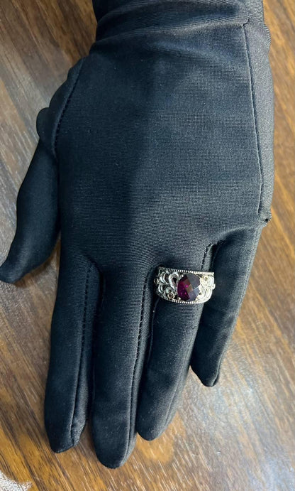 Dark Red Garnet 14k White Gold Statement Sculptural Grooves Waves Fleur Ring