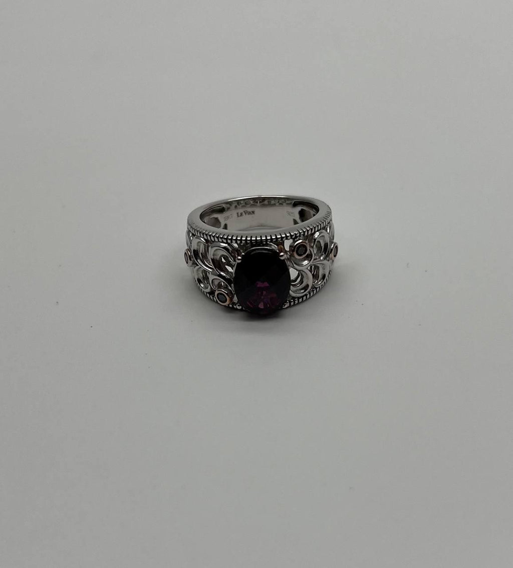 Dark Red Garnet 14k White Gold Statement Sculptural Grooves Waves Fleur Ring