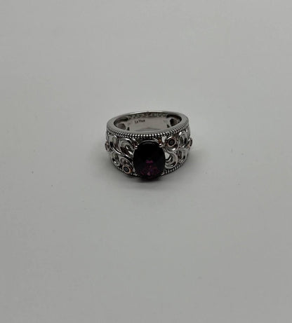Dark Red Garnet 14k White Gold Statement Sculptural Grooves Waves Fleur Ring