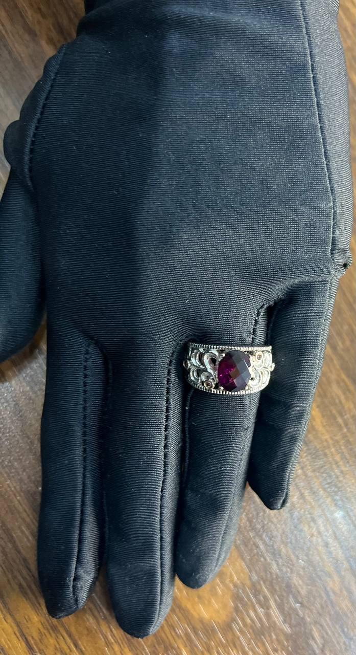 Dark Red Garnet 14k White Gold Statement Sculptural Grooves Waves Fleur Ring