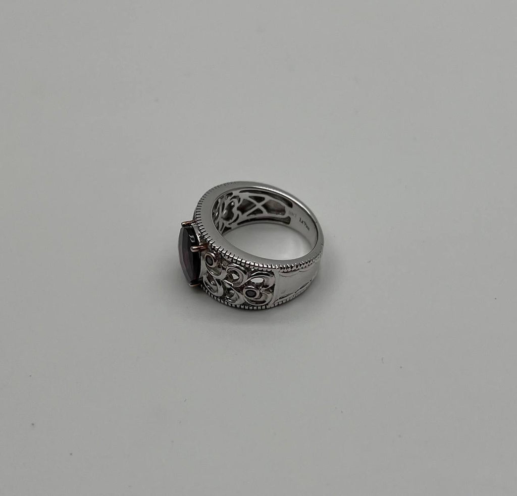 Dark Red Garnet 14k White Gold Statement Sculptural Grooves Waves Fleur Ring