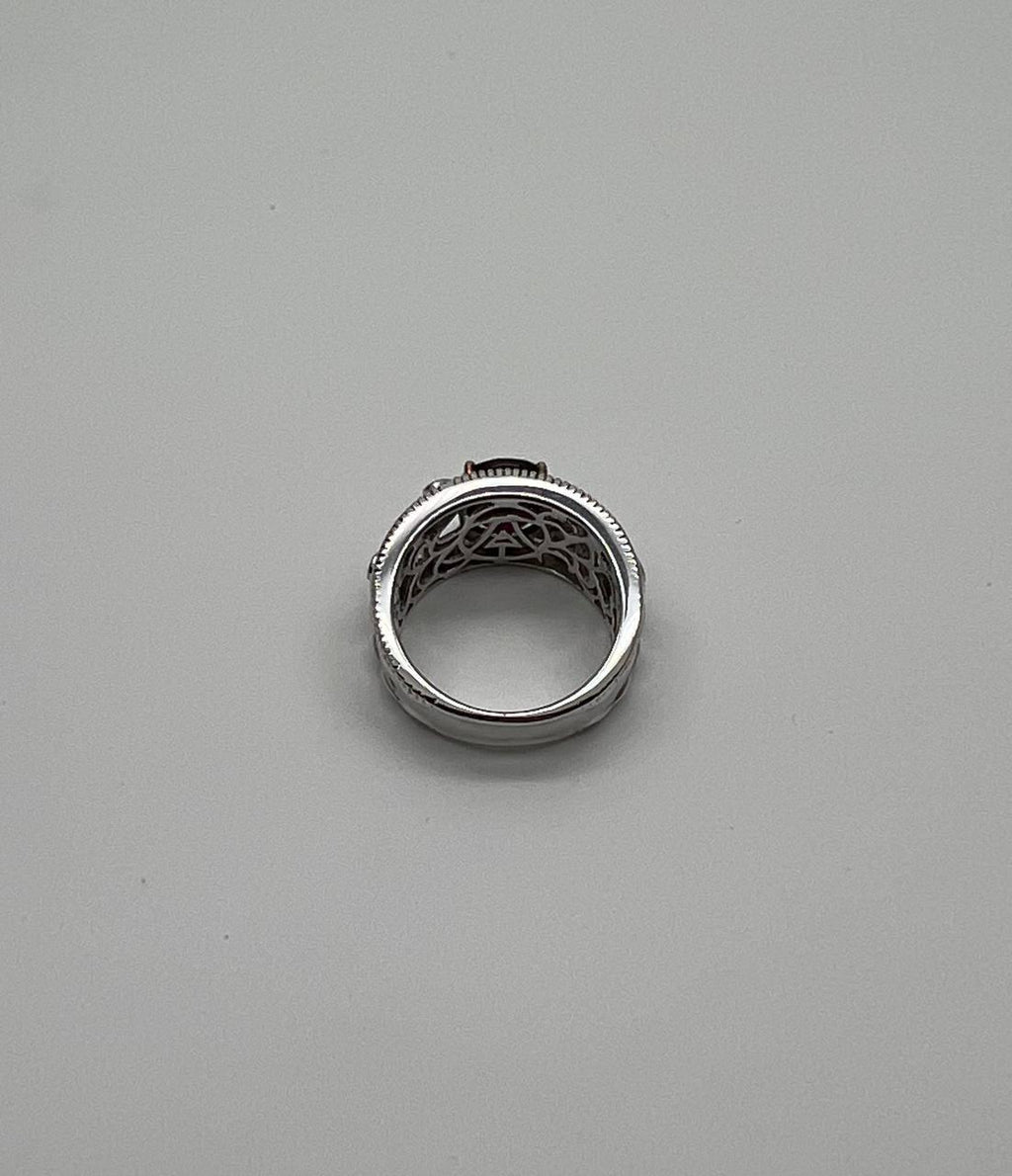 Dark Red Garnet 14k White Gold Statement Sculptural Grooves Waves Fleur Ring