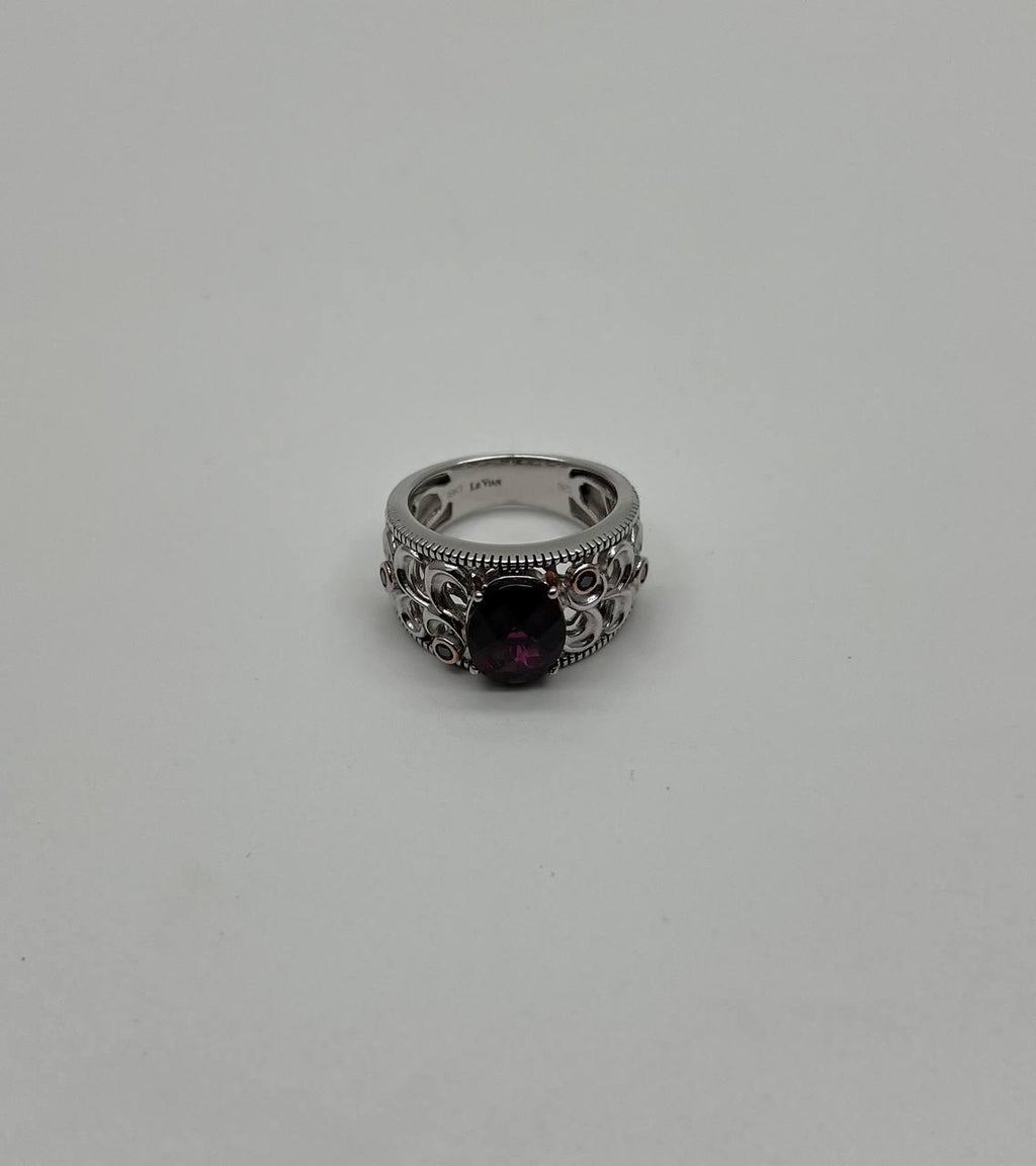 Dark Red Garnet 14k White Gold Statement Sculptural Grooves Waves Fleur Ring