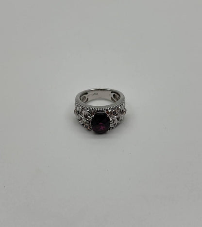 Dark Red Garnet 14k White Gold Statement Sculptural Grooves Waves Fleur Ring
