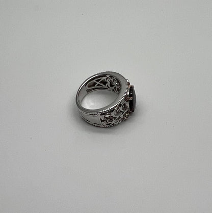 Dark Red Garnet 14k White Gold Statement Sculptural Grooves Waves Fleur Ring