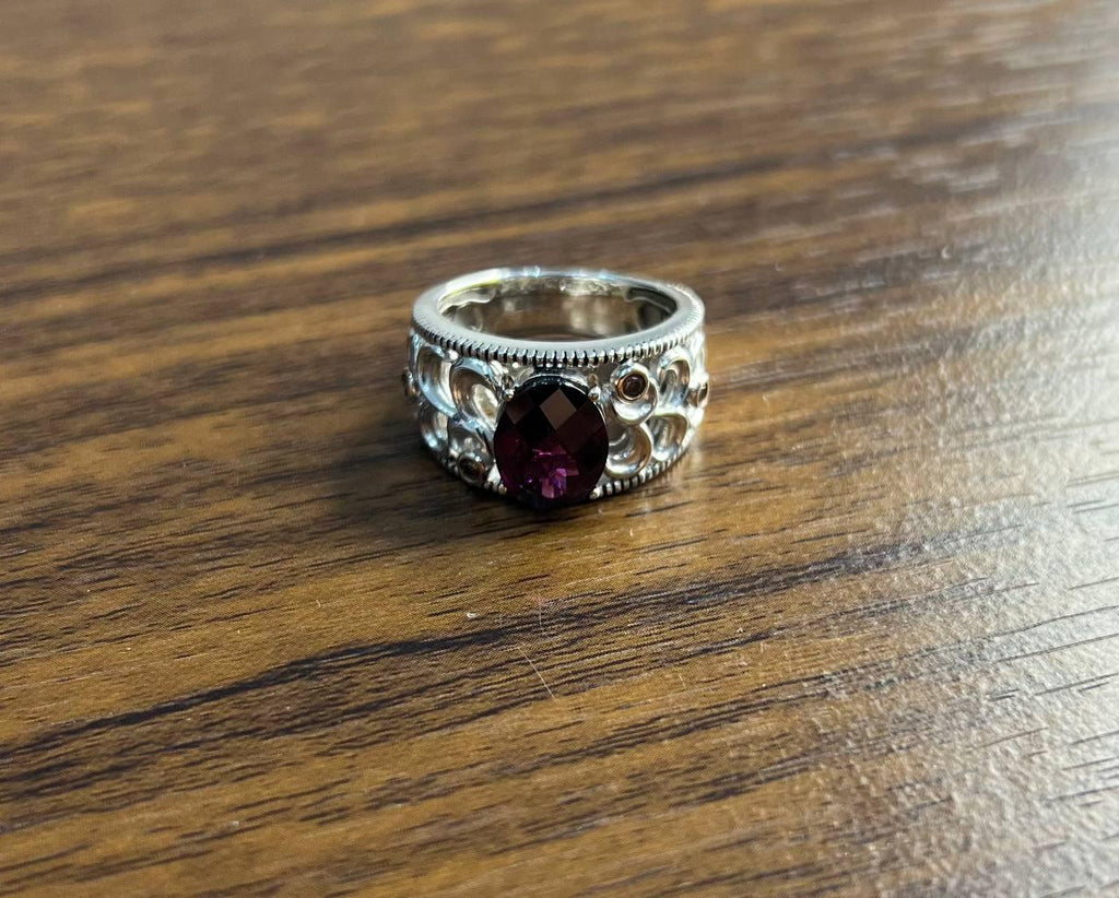 Dark Red Garnet 14k White Gold Statement Sculptural Grooves Waves Fleur Ring