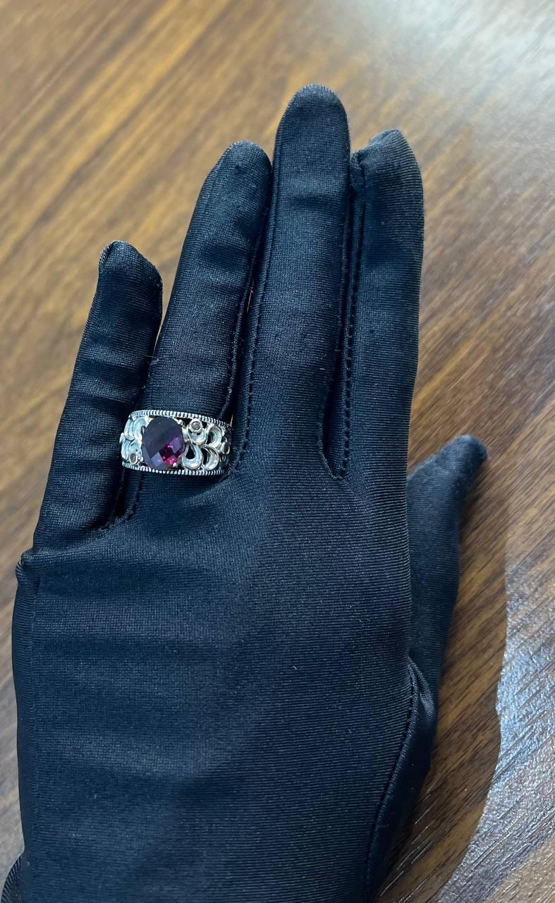 Dark Red Garnet 14k White Gold Statement Sculptural Grooves Waves Fleur Ring