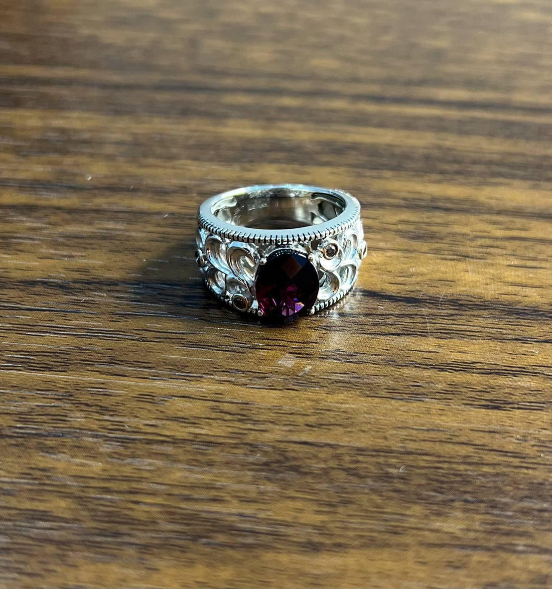 Dark Red Garnet 14k White Gold Statement Sculptural Grooves Waves Fleur Ring