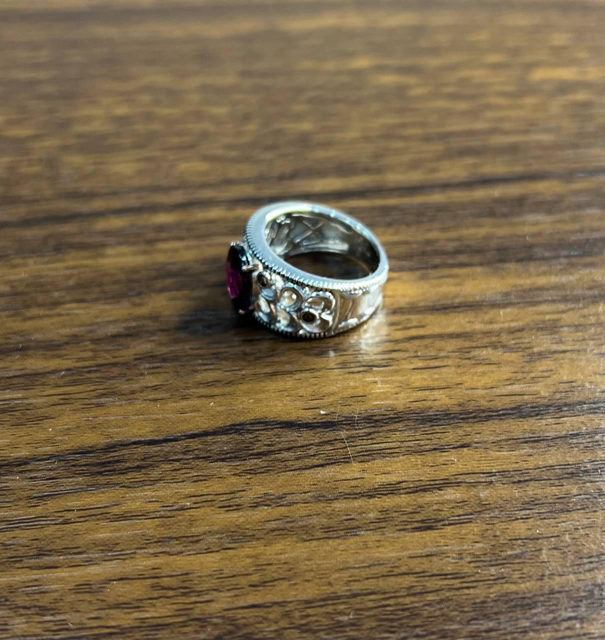 Dark Red Garnet 14k White Gold Statement Sculptural Grooves Waves Fleur Ring