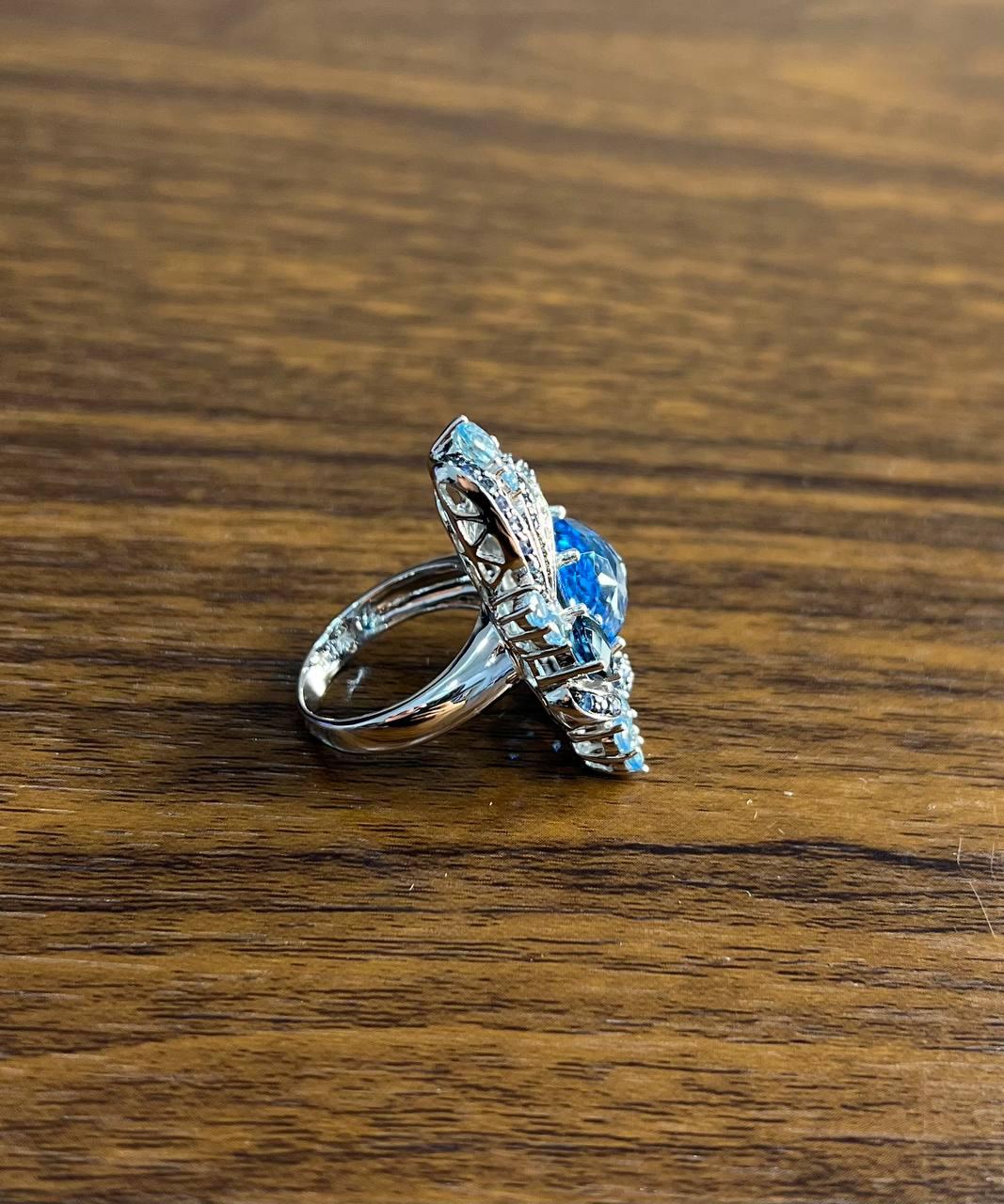 Multi Color Blue Topaz, Blue Sapphire, White Diamonds Pave 14K White Gold Ring