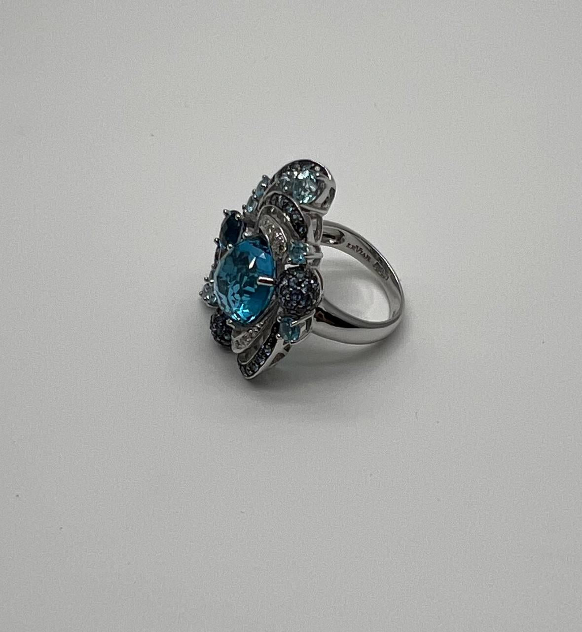 Multi Color Blue Topaz, Blue Sapphire, White Diamonds Pave 14K White Gold Ring