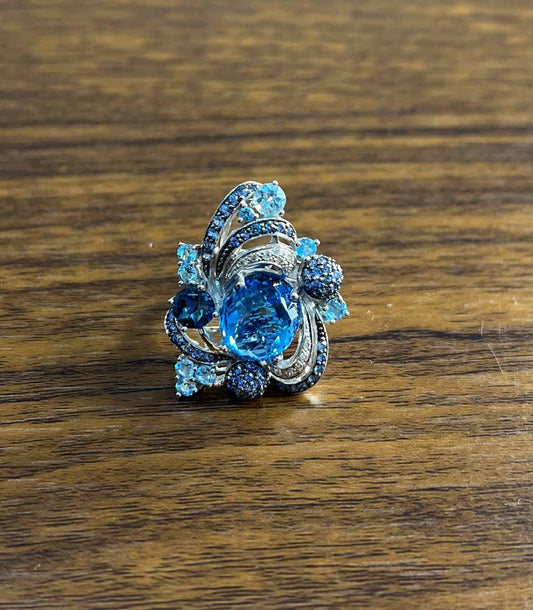 Multi Color Blue Topaz, Blue Sapphire, White Diamonds Pave 14K White Gold Ring
