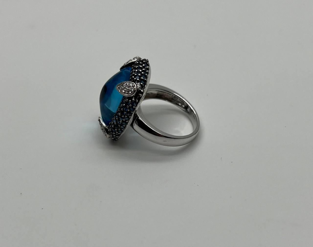 Rectangular Blue Topaz Sugarloaf Cabochon Diamond Blue Sapphire White Gold Ring