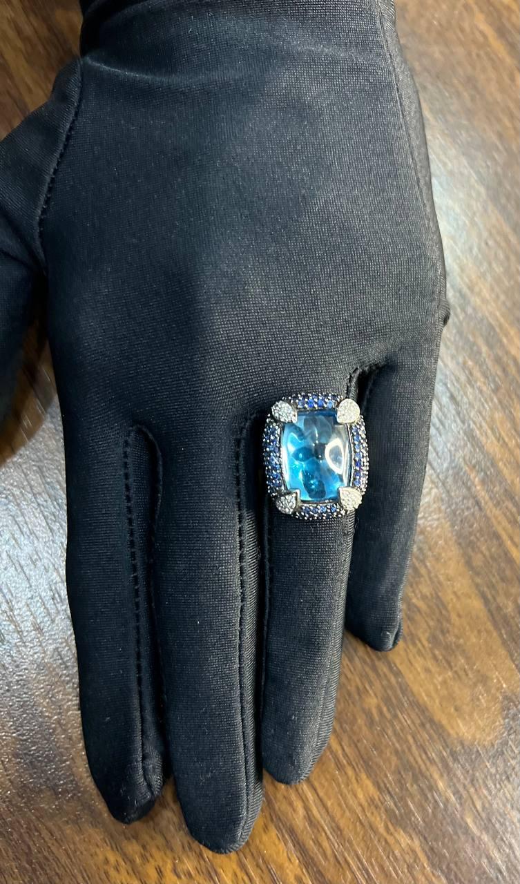 Rectangular Blue Topaz Sugarloaf Cabochon Diamond Blue Sapphire White Gold Ring