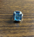 Rectangular Blue Topaz Sugarloaf Cabochon Diamond Blue Sapphire White Gold Ring