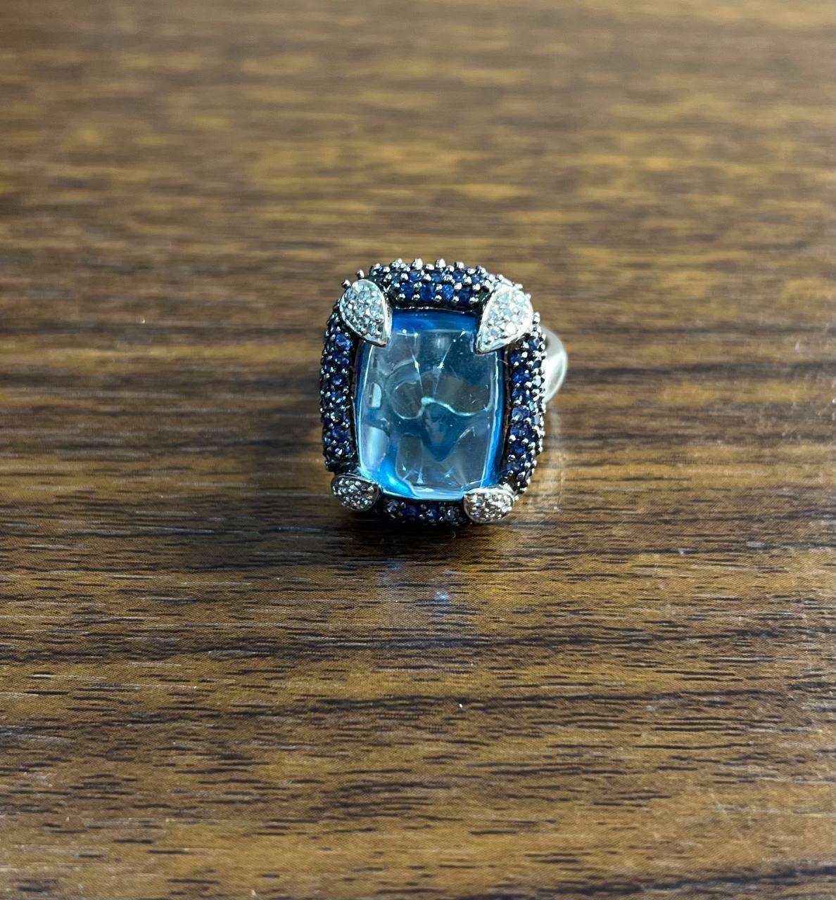Rectangular Blue Topaz Sugarloaf Cabochon Diamond Blue Sapphire White Gold Ring