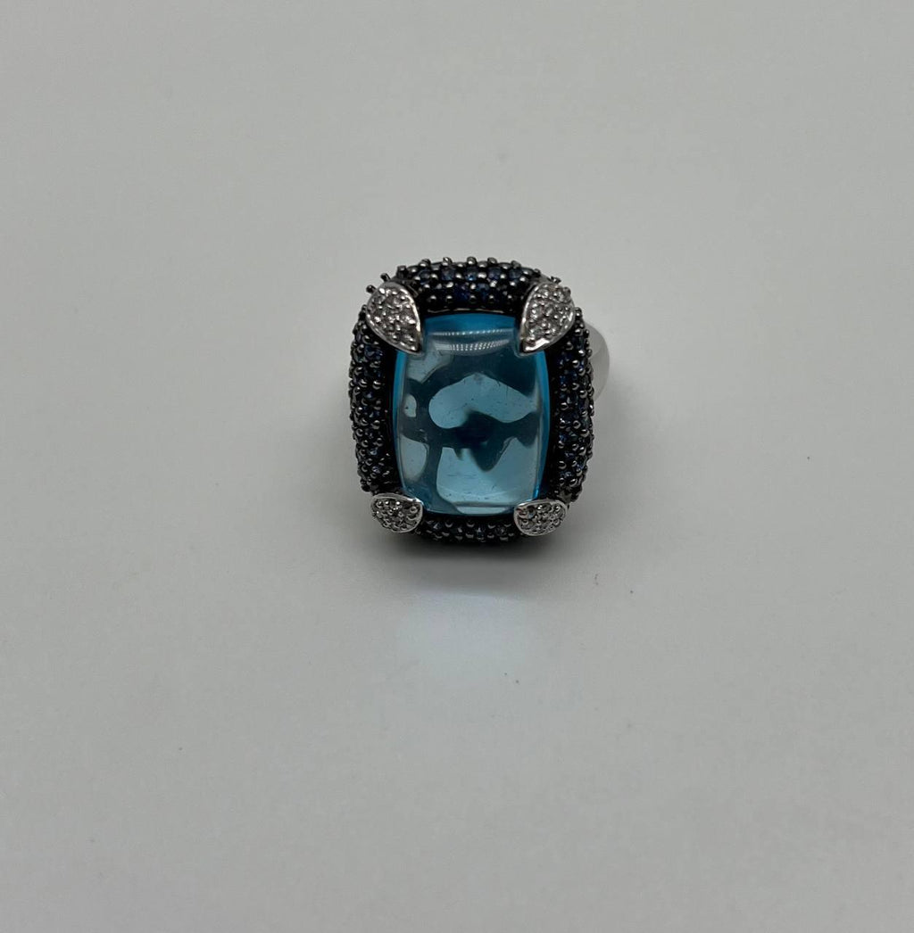 Rectangular Blue Topaz Sugarloaf Cabochon Diamond Blue Sapphire White Gold Ring