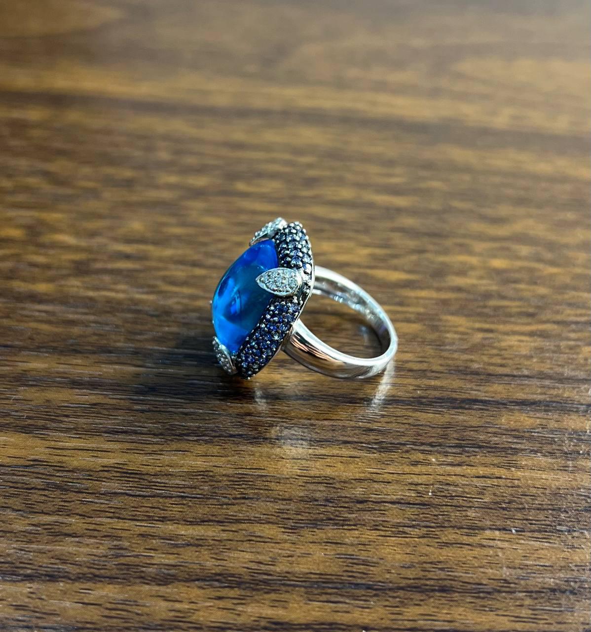 Rectangular Blue Topaz Sugarloaf Cabochon Diamond Blue Sapphire White Gold Ring