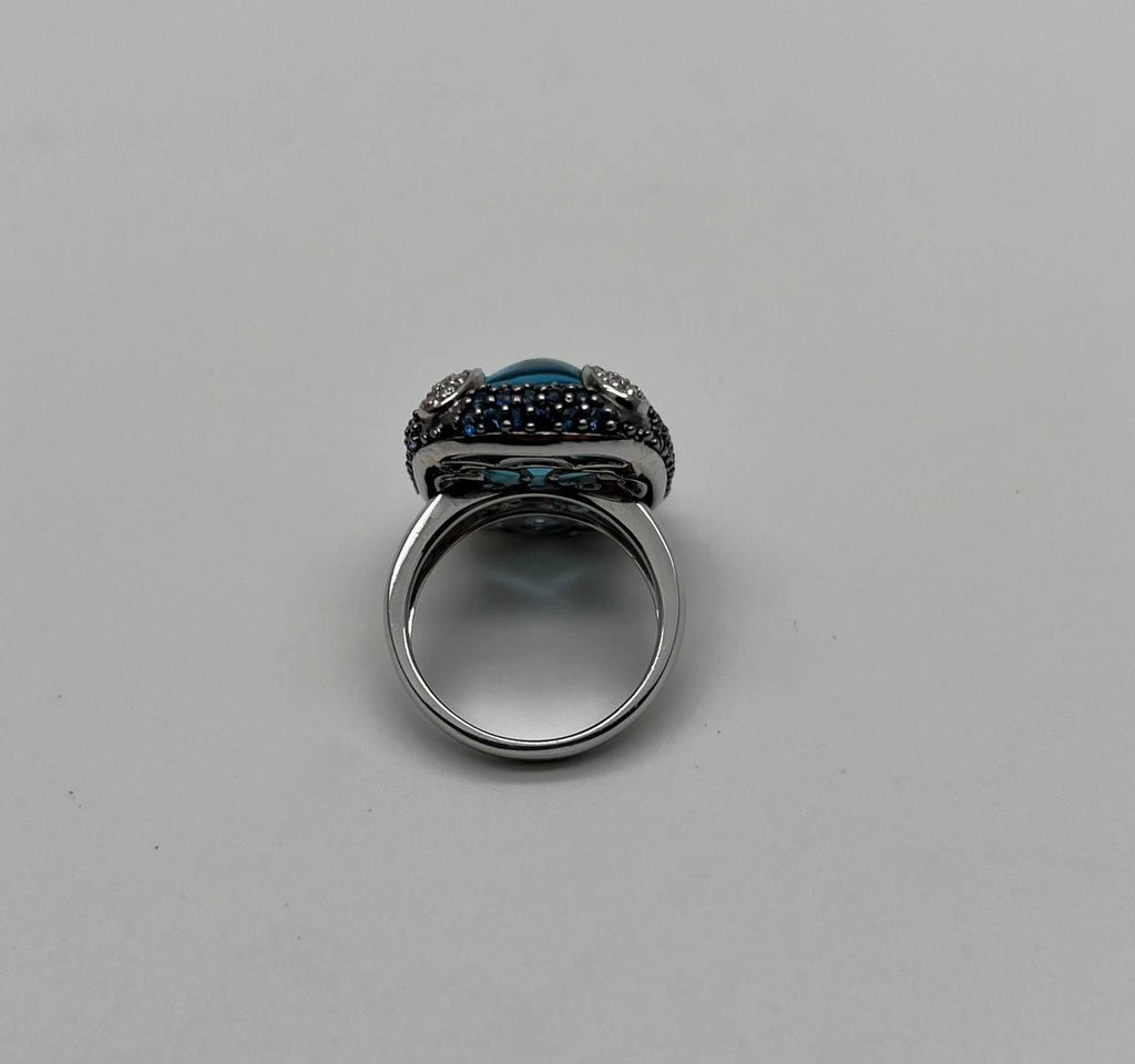 Rectangular Blue Topaz Sugarloaf Cabochon Diamond Blue Sapphire White Gold Ring