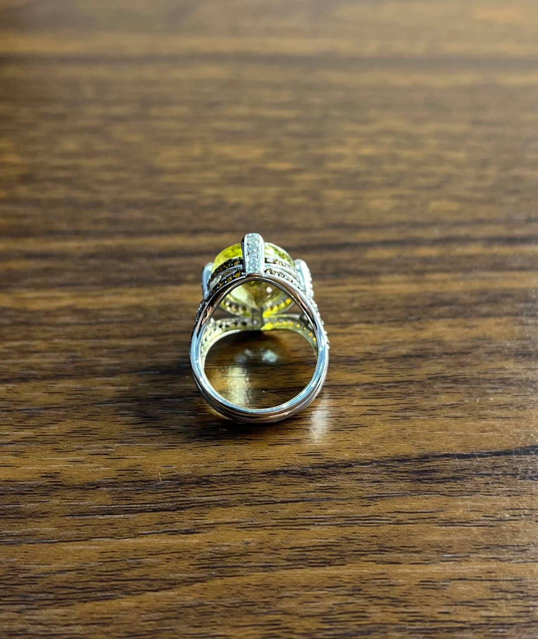 Oval Light Yellow Lemon Quartz Sapphire Prong Halo Diamonds 18K White Gold Ring