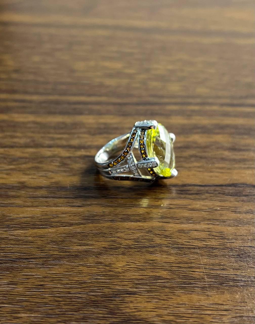 Oval Light Yellow Lemon Quartz Sapphire Prong Halo Diamonds 18K White Gold Ring
