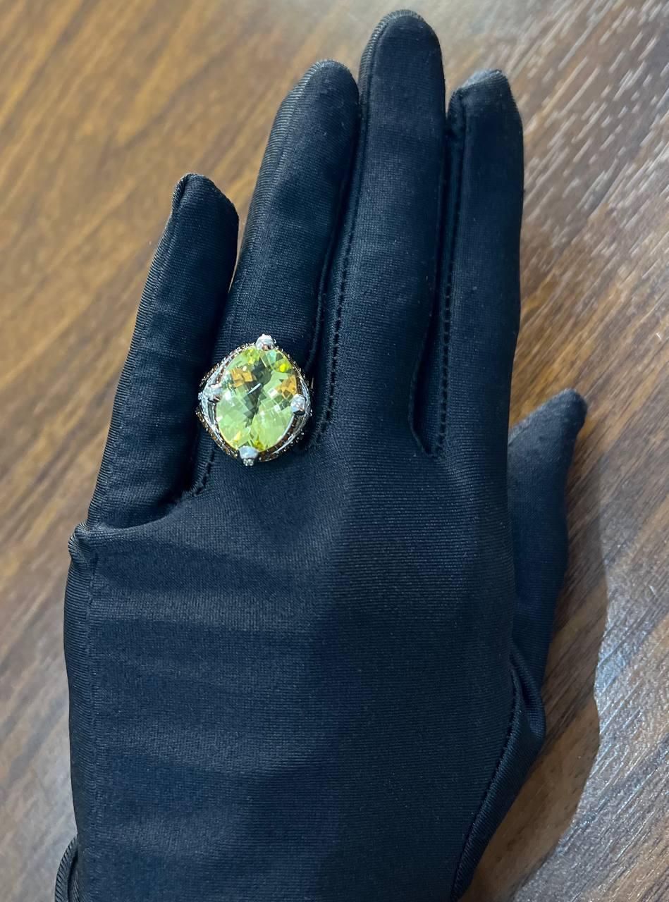 Oval Light Yellow Lemon Quartz Sapphire Prong Halo Diamonds 18K White Gold Ring