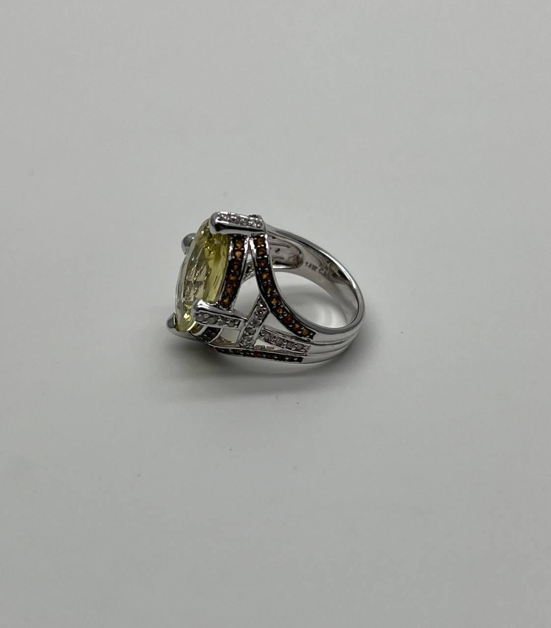 Oval Light Yellow Lemon Quartz Sapphire Prong Halo Diamonds 18K White Gold Ring